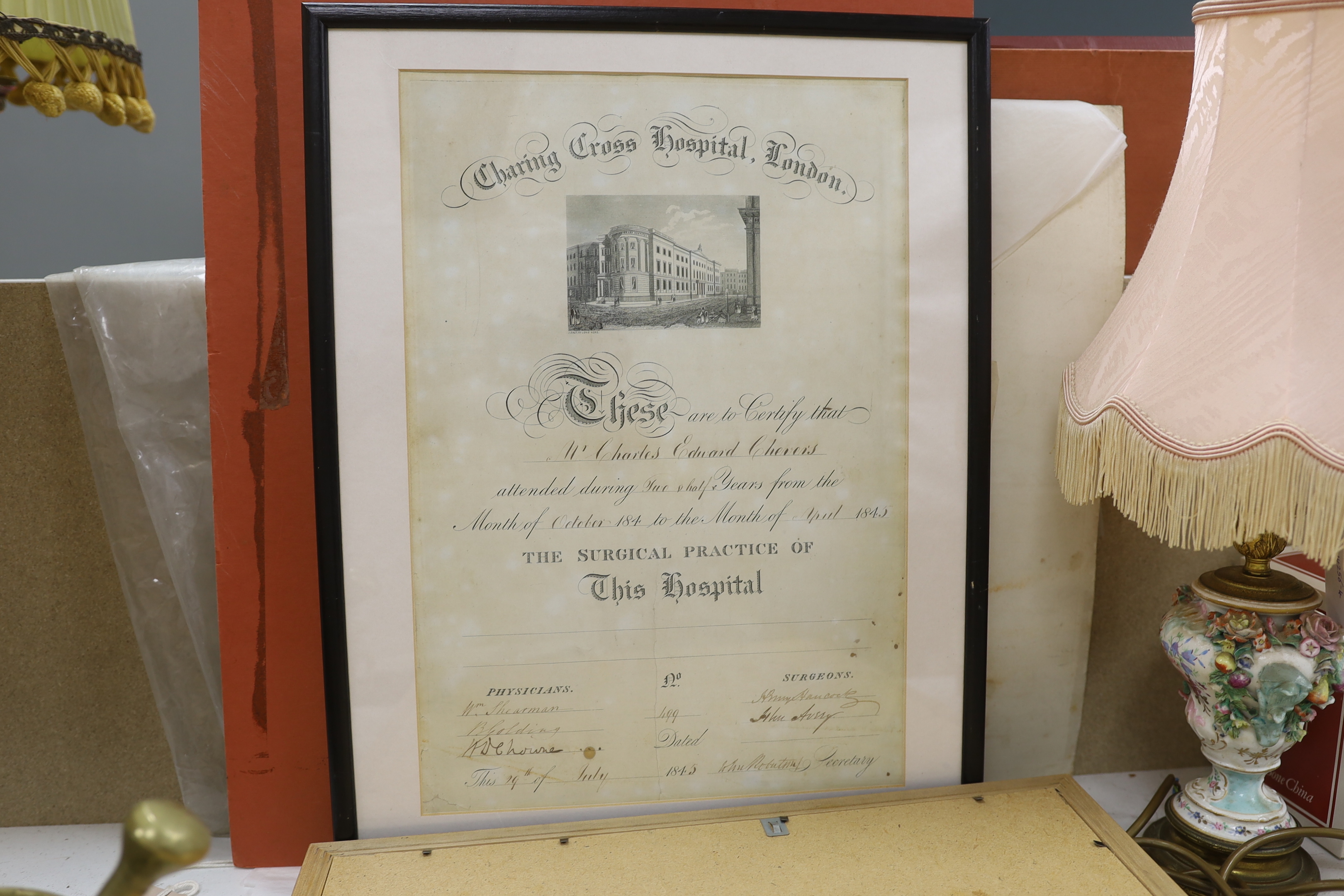 A collection of 19th century ink inscribed doctor's certificates including Charing Cross Hospital, three framed